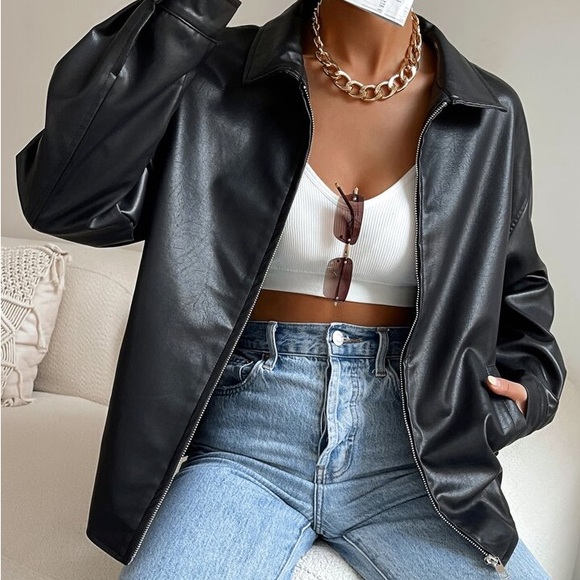 ZIP UP POCKETS PU Faux Leather Bomber Jacket - Picture 2 of 8